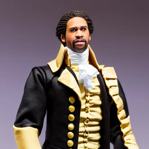 Image similar to action figure from the broadway musical hamilton, studio lighting, highly detailed, product photography