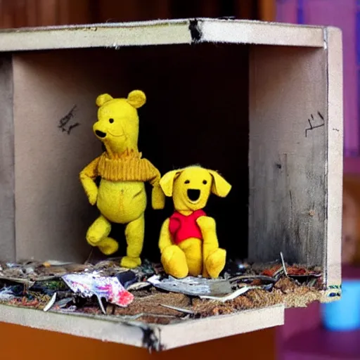 Image similar to Winnie the pooh sock puppet decaying in apocalyptic graffiti dollhouse