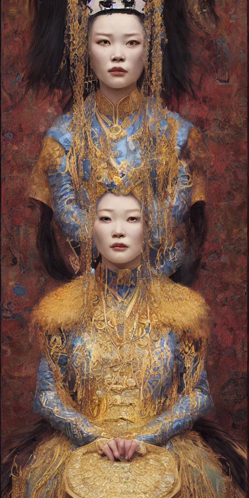 Image similar to mongolian queen, masterpiece by Edgar Maxence and Ross Tran and Michael Whelan, 8k, octane render