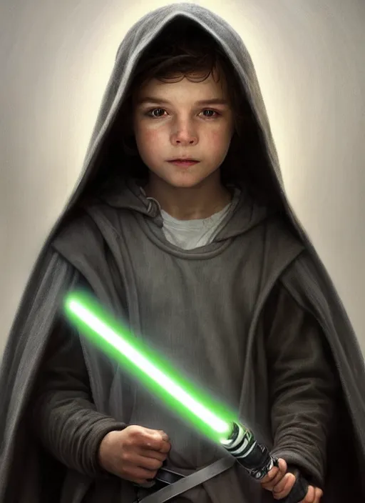 Image similar to perfectly - centered - portrait of a kid wearing grey cloak holding light saber, intricate, highly detailed, digital painting, artstation, concept art, smooth, sharp focus, illustration, unreal engine 5, 8 k, art by artgerm and greg rutkowski and alphonse mucha