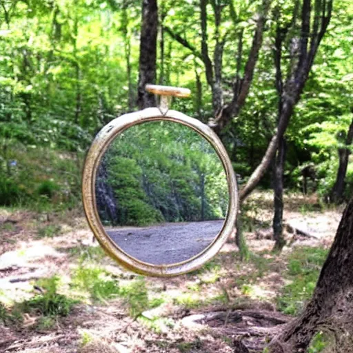 Prompt: a magical mirror in a secluded area that hands out the gift of immortality to people who can find it