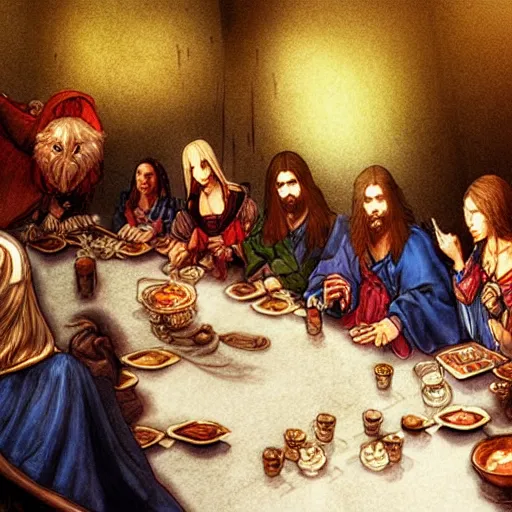 Image similar to the last supper remake da vinci - by yoshitaka amano - final fantasy game illustrator - super realistic details, fantasy art, trending in deviantart