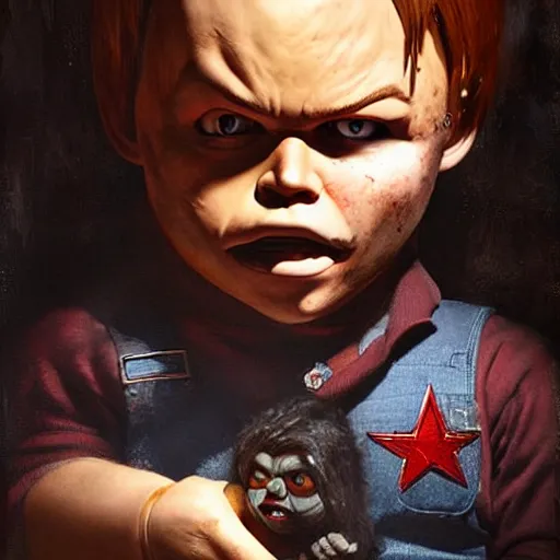 Prompt: chris pratt and the doll chucky, oil painting, by greg rutkowski