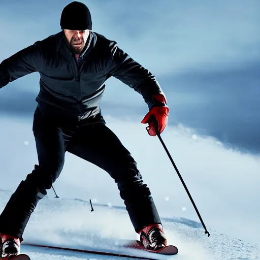 Image similar to jason statham skiing, full body shot, cinematic lighting, studio quality