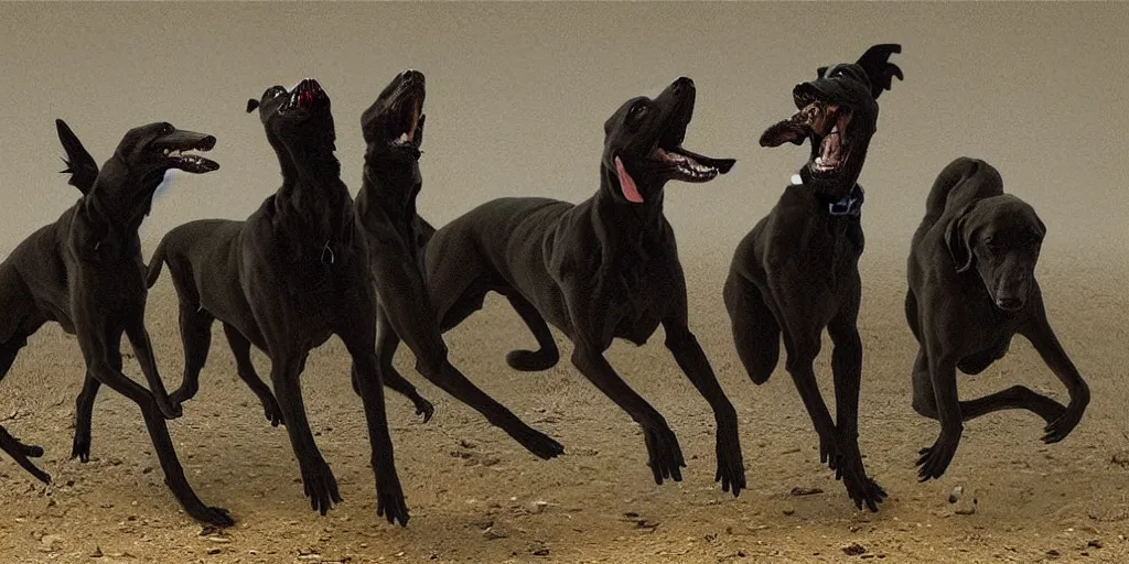 Image similar to black greyhounds running in the night dessert, by john charles dollman, nicola samori and andrew wyeth. highly detailed, realistic. dark atmosphere