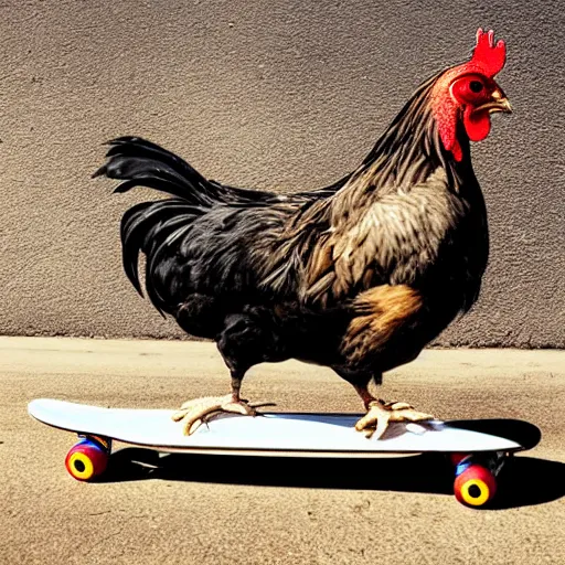 Image similar to a chicken riding a skateboard in california los angeles by greg rutkowski