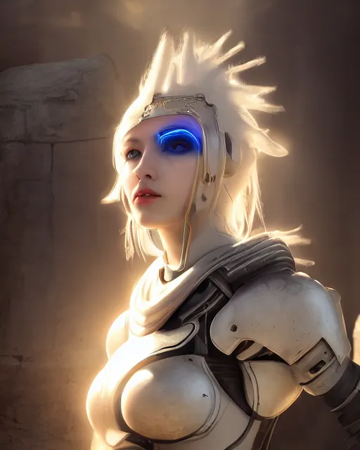 Image similar to android girl in egyptian ruins, warframe armor, exploration, white hair, atmosphere, glow, detailed, intricate, beautiful face, cinematic lighting, trending on artstation, blue eyes, 4 k, focused, extreme details, cinematic, masterpiece, by akihito tsukushi