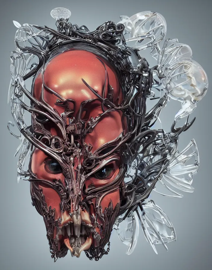 Prompt: symmetrical beautiful phoenix princess face in biomechanical mask of a cyberpunk demon by Roberto Ferri. Edison bulb. white plastic. human skull jellyfish butterfly phoenix head. burning water. baroque ornament details, intricate artwork by Tooth Wu and wlop and beeple and dan mumford and greg rutkowski. halo. octane render, cinematic, hyper realism, octane render, 8k, depth of field, bokeh. iridescent touch. vibrant. saturated. blade runner style