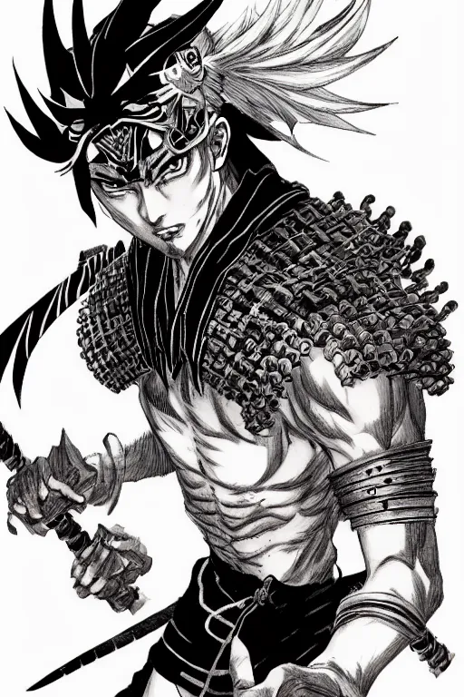 Prompt: demon samurai warrior , short hair, made by Yusuke Murata, Tomohiro Shimoguchi, Takeshi Obata, Tite Kubo, ArtStation, CGSociety, direct gaze, beautiful face, mountains in the background, perfect composition, symmetrical face,symmetrical eyes, pencil art on paper