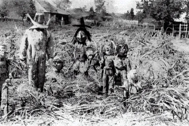 Image similar to disturbing scarecrow from the early 1 9 0 0's burning down the cornfields with a group of children