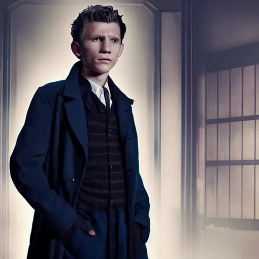 Image similar to tom holland as a rough dirty old man with a scruffy beard in a dark blue trenchcoat as the new doctor who, cinematic, volumetric lighting, f 8 aperture, cinematic eastman 5 3 8 4 film, photorealistic