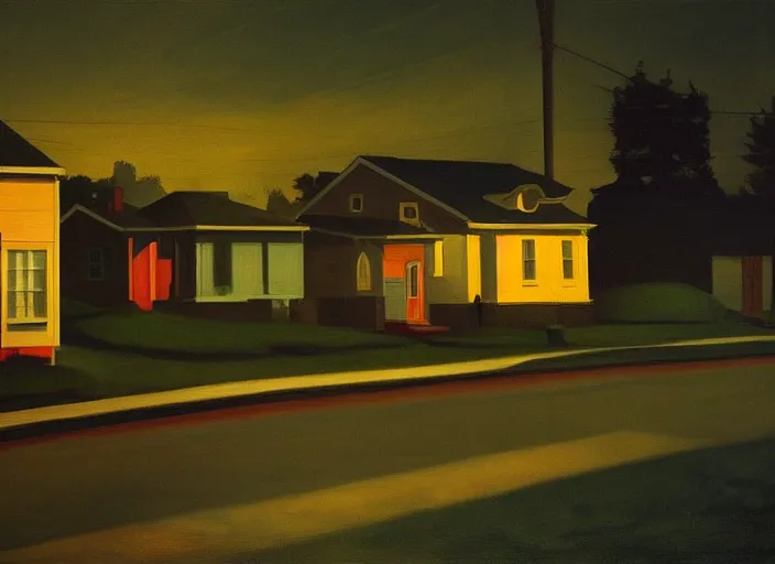 Image similar to small suburban houses in America at night by Edward Hopper, fantasy, moody lighting, dark mood, imagination, cinematic