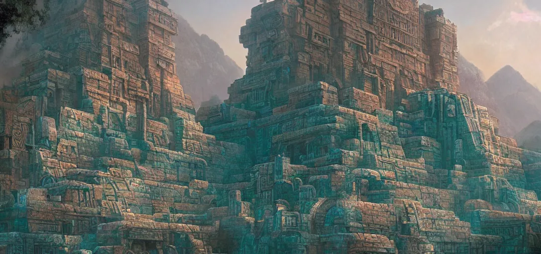 Image similar to beautiful highly detailed matte painting of an intricate mayan futuristic brutalist jade teal ancient temple in a valley surrounded by canyons and a desert, by Craig Mullins and Denis Villeneuve, octane rendering, 8k