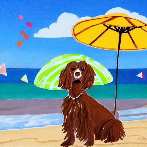 Image similar to two cute brown spaniel a by the seaside, parasols, bright towels, geometric, pop, deco, sketch, artwork