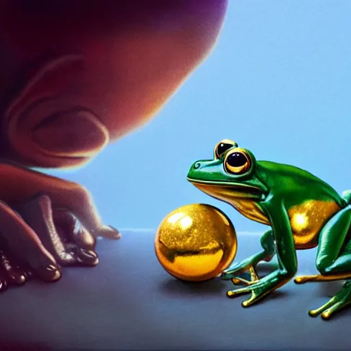 Image similar to long shot of a cute frog playing with golden metal balls, by esao andrews, by m. w. kaluta, by pixar, volumetric light, rich colors, very humorous oil painting, realistic reflections, smooth, concept art, depth perception, high depth of field, 4 k, unreal engine 5, ultradetailed, hyperrealistic, artstation