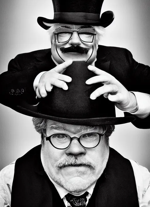 Image similar to seymour hoffman as Mayor Humdinger wearing a tophat in the style of Lee Jeffries, award-winning, detailed, Sony a7R