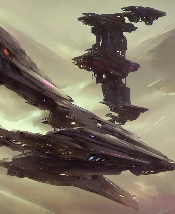 Prompt: concept art of a heavily armed starship by Stephan Martiniere, 4k resolution, detailed, trending on artstation