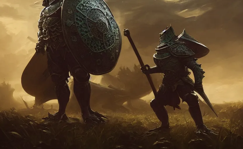 Image similar to a frog knight, holding up a large shield, battle armor, atmospheric lighting painted intricate volumetric lighting, beautiful, sharp focus, ultra detailed by leesha hannigan, ross tran, thierry doizon, kai carpenter, ignacio fernandez rios, makoto shinkai