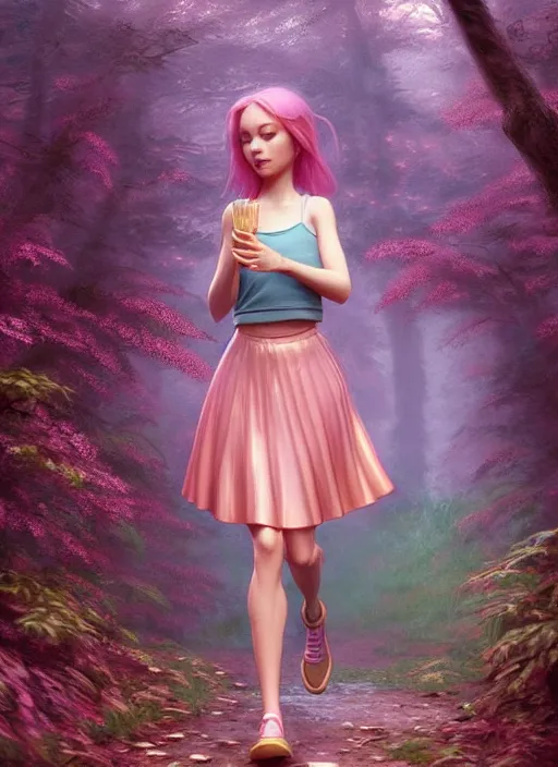 Image similar to young woman run in short pink skirt : : magic rainig forest nature : : weta disney pixar movie still photo : : decadent highly - detailed digital painting, full length shot, golden ratio, octane render, artstation, smooth, sharp focus, artgerm, mucha, loish, wlop, gogo