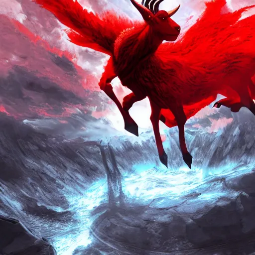 Prompt: a red goat flying through the center of the earth, digital painting, unreal engine, octane render, 4 k wallpaper, intense, intricate brush stroke detail, beautiful, gorgeous, by tite kubo, kentaro miura, no more heroes concept art