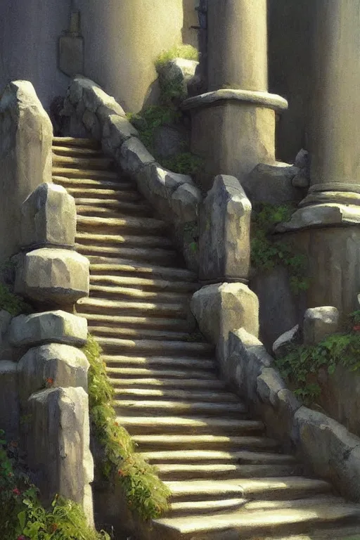 Image similar to stone steps fantasy landscape artstation by emilia dziubak, will terry, greg olsen, chris mars, ann long, and mark brooks, edward hopper dramatic, fairytale, art nouveau, victorian, gothic, architecture from warcraft