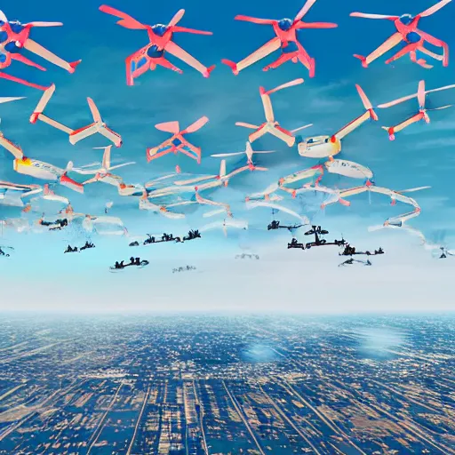 Image similar to A swarm of drones landing at a airport. Futuristic, bright colors, during the day, no clouds, Hyper realistic, bright colors, 8k.