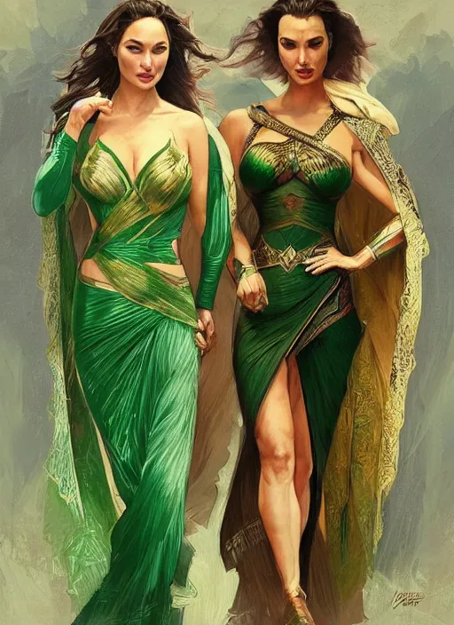 Image similar to lindsey pelas and gal gadot wearing a green kebaya, javanese art, digital painting, artstation, concept art, sharp focus, illustration, art by artgerm and greg rutkowski and alphonse mucha