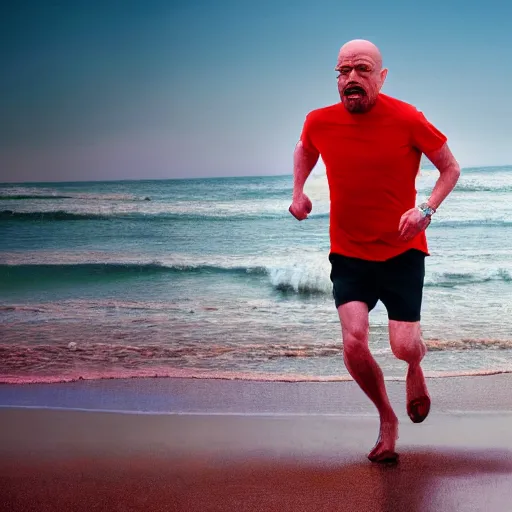 Image similar to Walter White running on the beach, artistic, 8k, cinematic, accurate, symetric, face, dramatic lighting, pastel colours