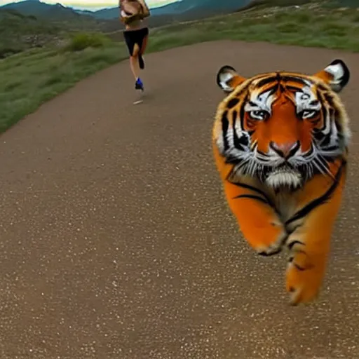 Image similar to screenshot of go pro footage from front view emma stone running in front of tiger