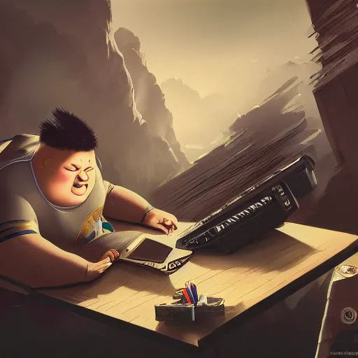 Image similar to an insanely detailed painting of a chubby asian man wearing a homemade superhero costumed, sitting at a computer desk typing on the keyboard, in the style of peter mohrbacher, dramatic lighting and composition, trending on artstation, concept art, comic book, graphic novel