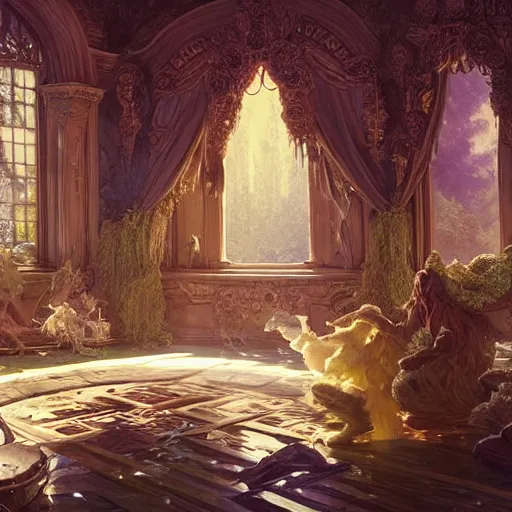 Prompt: beautiful painting, highly detailed, crystal lighting, mystical, hyperrealistic, 4 k, unreal engine, magical, by albert bierstadt, joe fenton, greg rutkowski, greg tocchini, kaws, kate beaton, and kaethe butcher