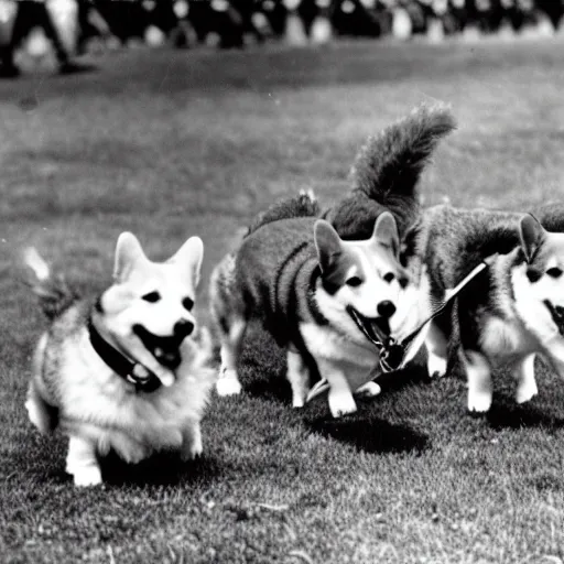 Prompt: historical photo of queen elizabeth and her corgis defeating hitler in battle, natural sunlight, sharp focus, highly detailed, depth of field