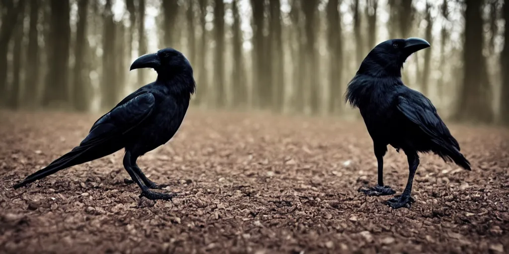 Image similar to mixture between an crow and!!!! human, photograph captured in a dark forest