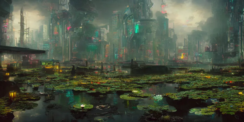 Prompt: fantasy cyberpunk lotus pond, concept art, render by octane and blender, hyper realistic, cinematic lighting, unreal engin 5, by krenz cushart, 8 k, vray render, artstation, deviantart