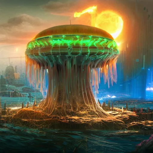 Prompt: a fantasy atlantis city underwater, desolated, fluorescent jellyfish, electricity lightning, furry, soft, concept art, sharp focus, intricate details, highly detailed, photorealistic, disney pixar, octane render, iridescent, anime, big field of view, 8 k