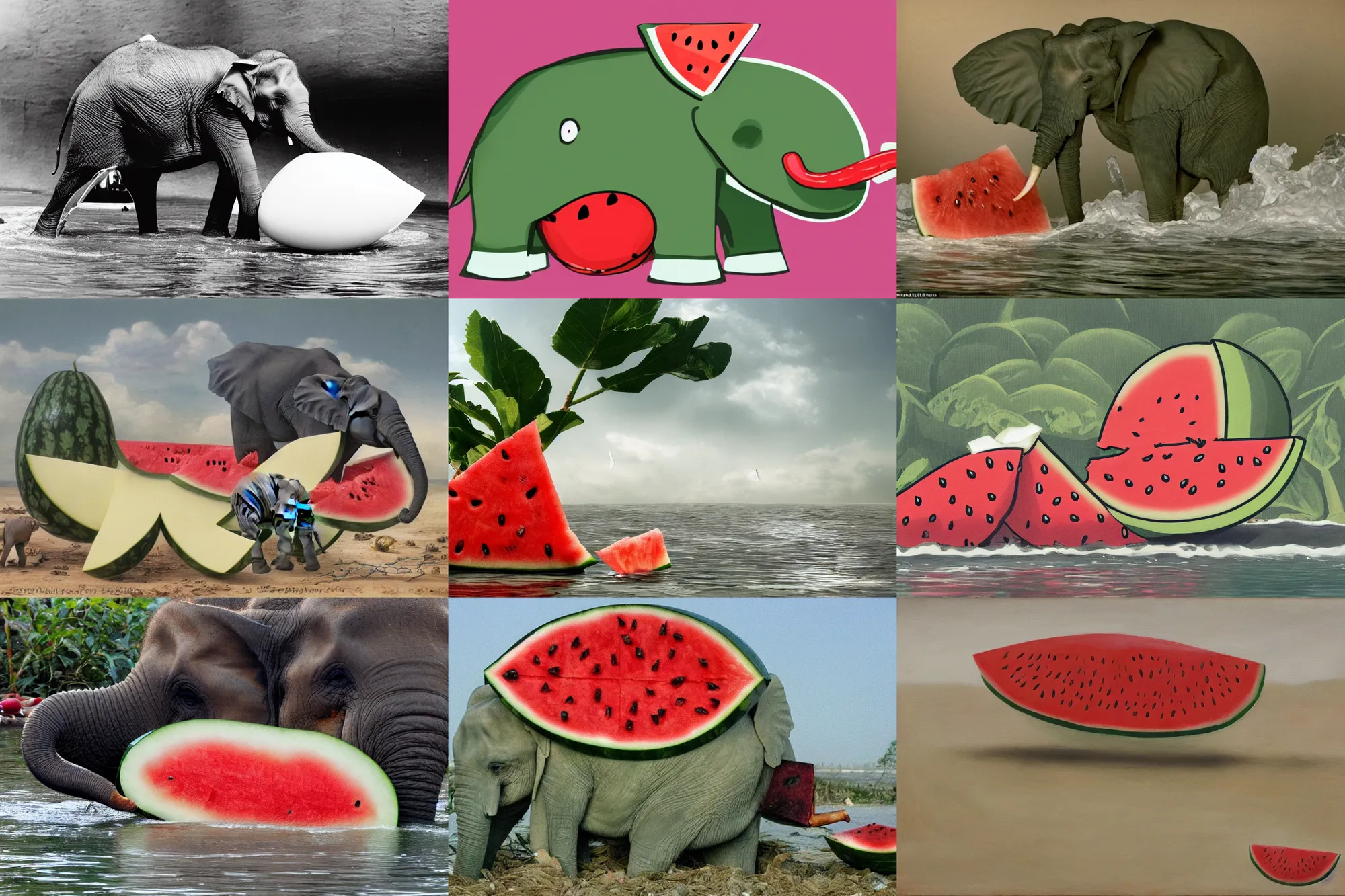 Prompt: a small elephant sits in a watermelon peel and swims in a river of white milk, white water