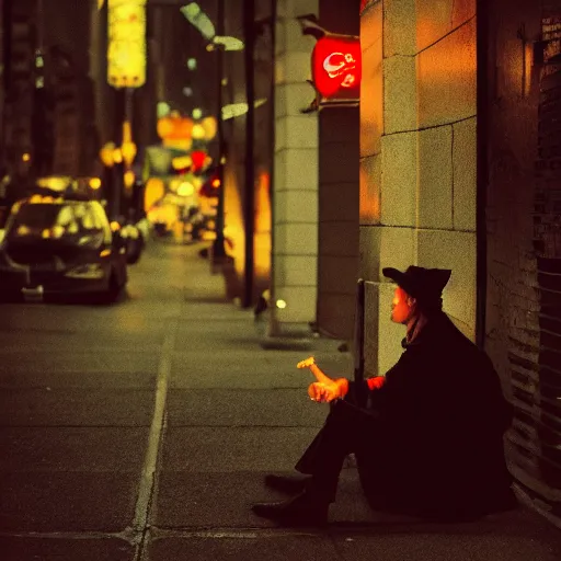 Prompt: illustration of classic ghost with a cigarette in mouth, sitting a NYC sidewalk, city lights, trending on artstation, 8k, 4k, matte finish, volumetric lighting, lighthearted, cinematic composition, hd, fun