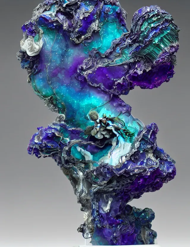 Prompt: a sculpture of a winged child made from blue and emerald and amethyst crystal geode formations with flowing marble water with obsidian base with liquid gold tendrils flowing by carlo maria mariani by stanisław szukalski, tesseract!!!, octane render, byzantine, spirals, elestial crystals, geode,
