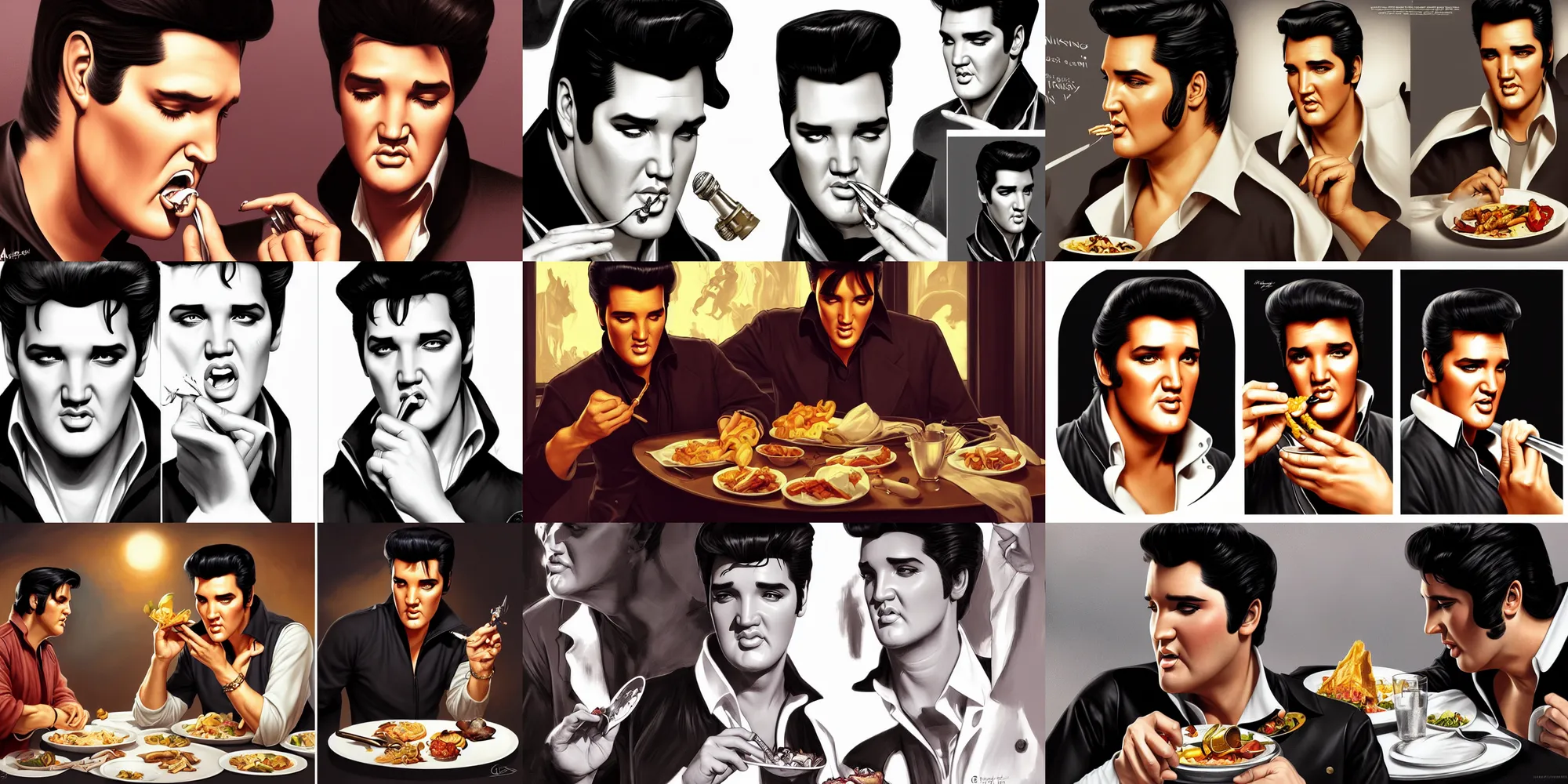 Prompt: elvis presley eating dinner, character sheet, character design, contrast, deep focus, turnaround, highly detailed, dramatic lighting, digital painting, artstation, concept art, matte, sharp focus, illustration, elegant, art by artgerm and greg f and alphonse mucha.