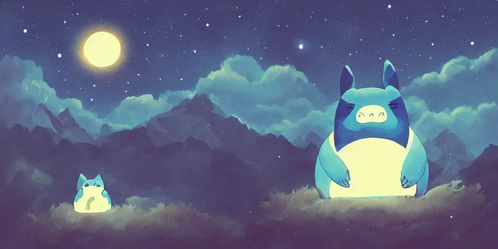 Image similar to giant glowing snorlax totoro, mountain landscape, night sky, digital art, digital painting, celestial, majestic, colorful