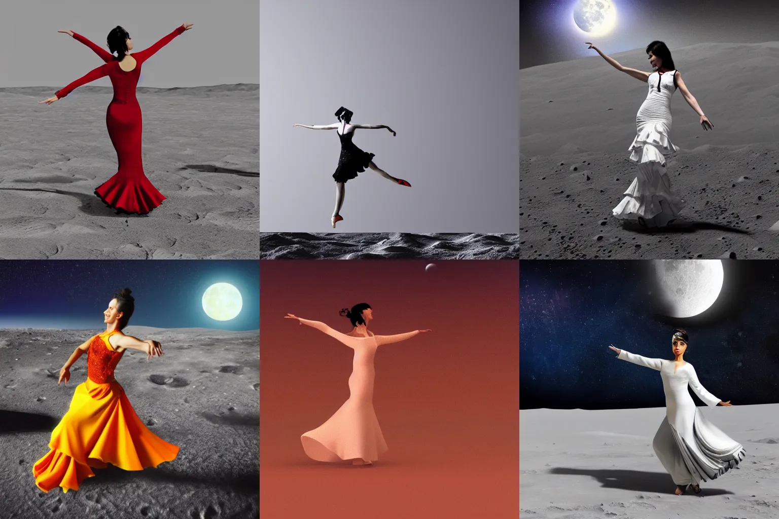 Prompt: flamenco dancer on surface of moon, photorealistic