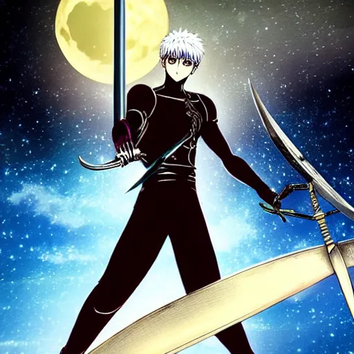 Image similar to anime berserk man with large sword at night under full moon