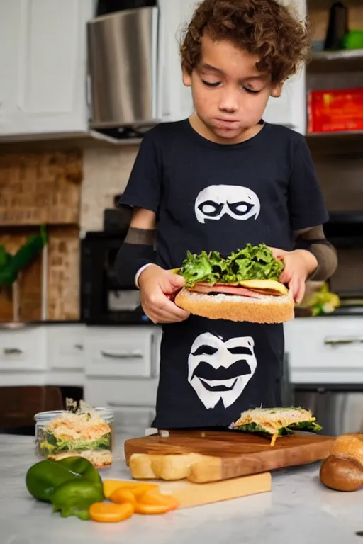 Image similar to a schoolboy in a Guy Fawkes mask makes sandwiches on the kitchen table