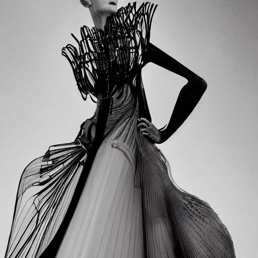Image similar to a model dressed in an avant garde haute couture dress, iris van herpen and alexander mcqueen, vogue editorial photo, sharp focus dynamic light