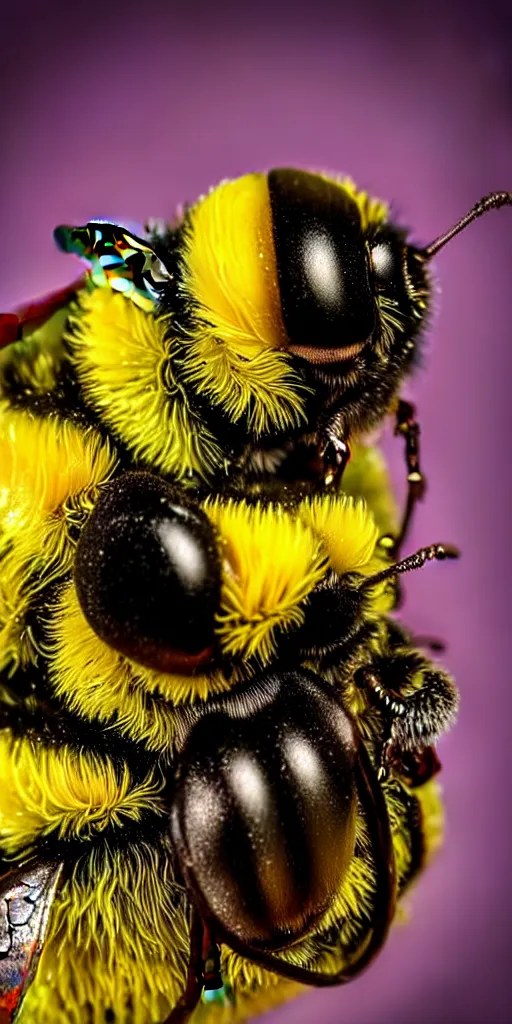 Image similar to fat fat ugly distorted bumblebee in a flower puking pollen, airbrush 8 0 s photography, polished, 8 5 mm, intricate, sharp detailed focus airbrush