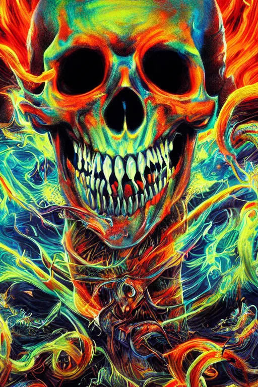 Image similar to 35 mm lens photo of chthonic scull lsd colors with sharp teeth and glowing demonic eyes and rgb background smoke, direct sunlight, glowing, vivid, detailed painting, Houdini algorhitmic pattern, by Ross Tran, WLOP, artgerm and James Jean, masterpiece, award winning painting