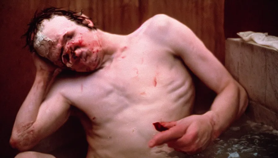 Prompt: movie still of jean - paul marat a wound at the chest, bleeding in the bath, cinestill 8 0 0 t 3 5 mm, high quality, heavy grain, high detail, cinematic composition, dramatic light, anamorphic, ultra wide lens, hyperrealistic, by fellini