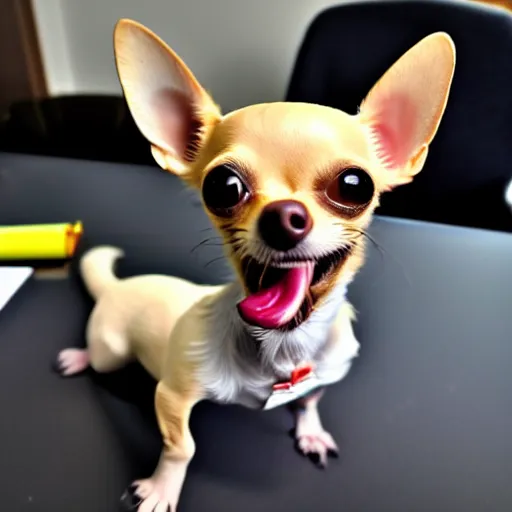 Image similar to a chihuahua smoking weed in an office