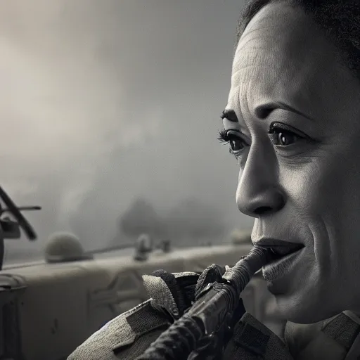 Image similar to kamala harris as a soldier on d - day, intricate detail, volumetric lighting, epic composition, hyper detailed, ultra realistic, sharp focus, octane render, volumetric, ray tracing, sense of awe, swirling mist, 4 k