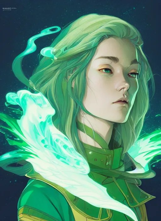 Image similar to style artgerm, joshua middleton, illustration, john krasinski as artificer wearing green pelt light armor, anime eyes, blue hair, swirling water cosmos, fantasy, dnd, cinematic lighting